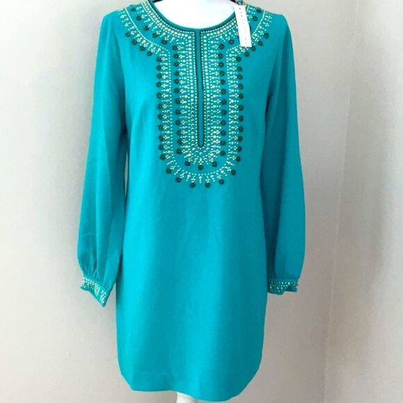 TRINA TURK NWT TURQUOISE KAPONO BEADED CREPE LONG SLEEVE SHIFT DRESS SIZE 8 - Picture 2 of 14